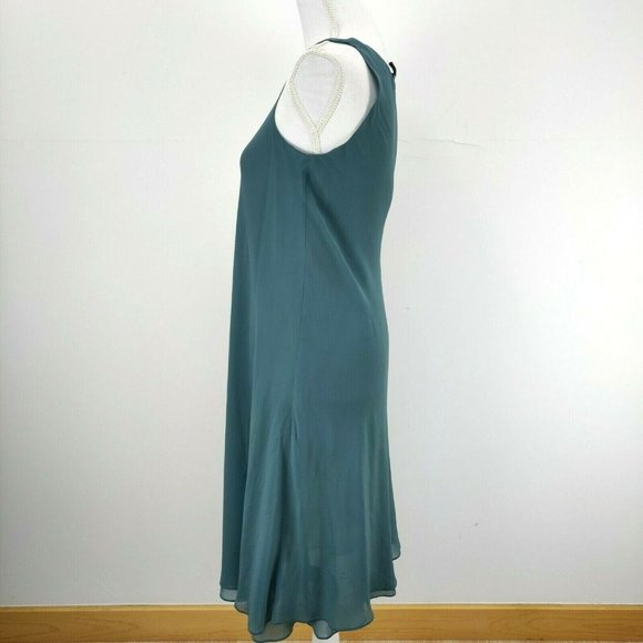 Eileen Fisher Size XS 100% Silk Georgette Sleeveless Sheer Teal Dress - Picture 2 of 9